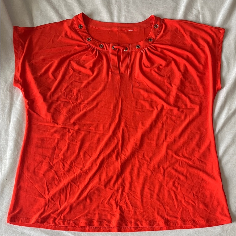 Reverse Orange Short Sleeve Top with Grommet Detail
